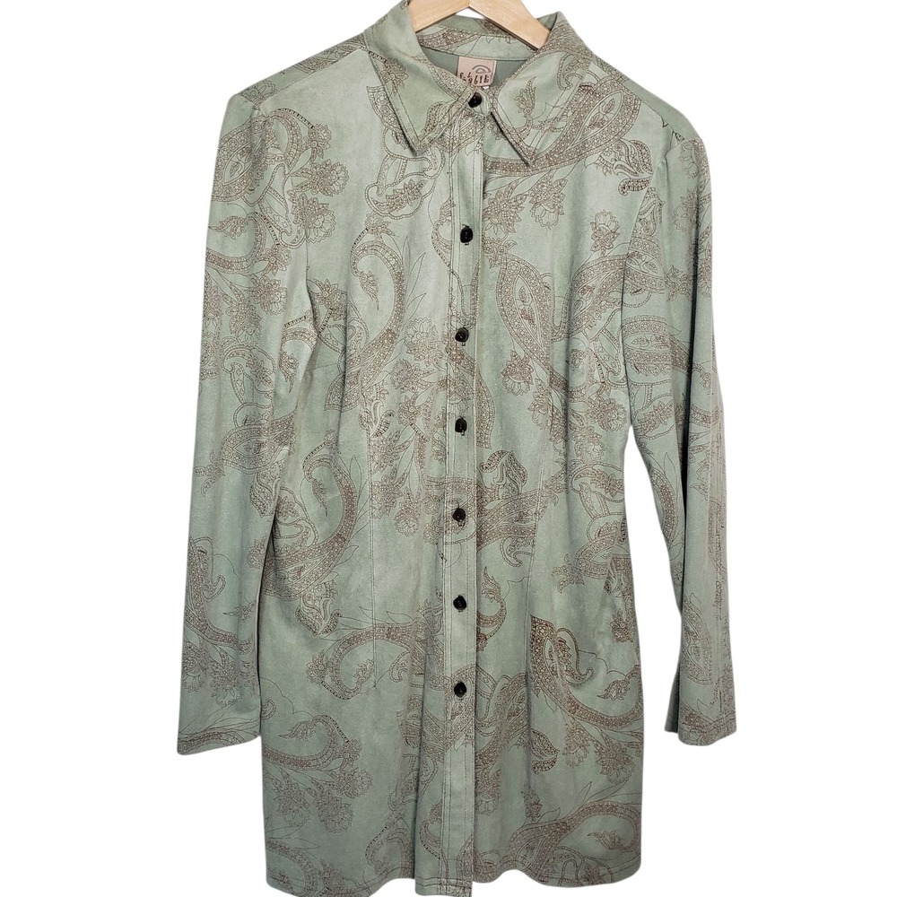 Vintage FL Malik Paisley Sage Green‎ Button Down Tunic Top Suede Sz L Womens
